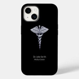 Coque Pour iPhone 14 Caduceus Silver sur Black Classy Médicale