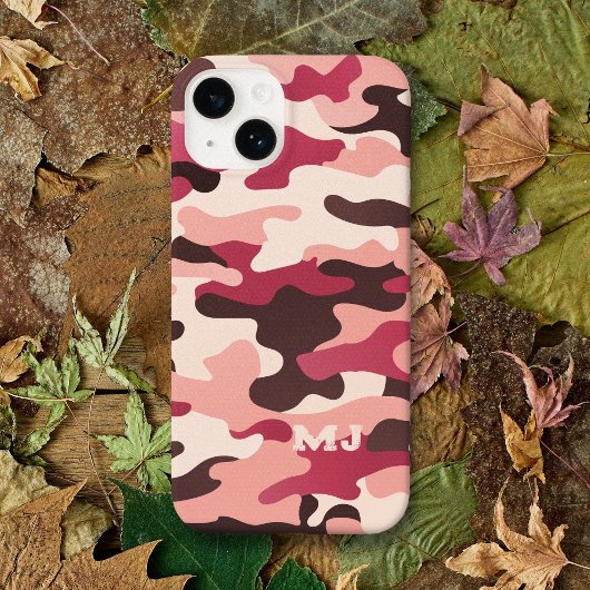 Coque Pour iPhone 14 Camo rose avec initiales