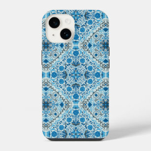 Coque Pour iPhone 14 Carreaux floraux bleus