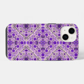 Coque Pour iPhone 14 Carreaux floraux en violet et coton bonbon rose (Verso Horizontal)