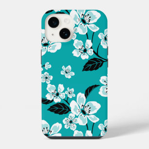 COQUE POUR iPhone 14 CERISIER EN FLEURS - SAKURA (BLEU TURQUOISE)