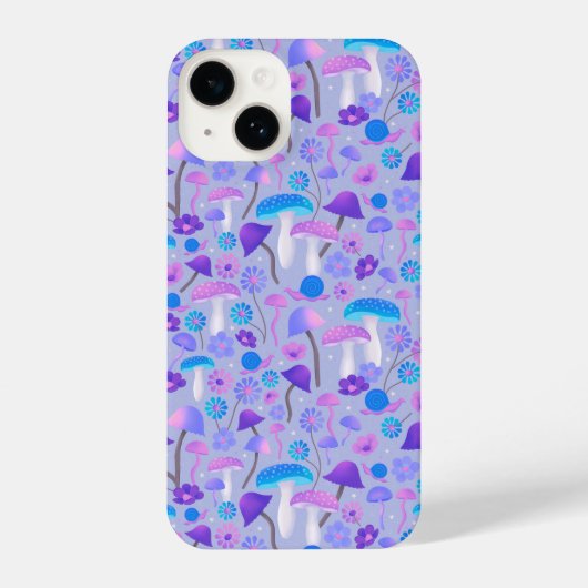 Coque Pour iPhone 14 Champignons et fleurs de rêve Turquoise violet (Verso)