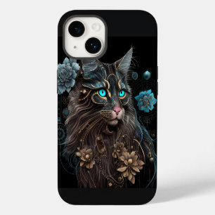Coque Pour iPhone 14 Chat de race Maine Coon magique steampunk et fleur