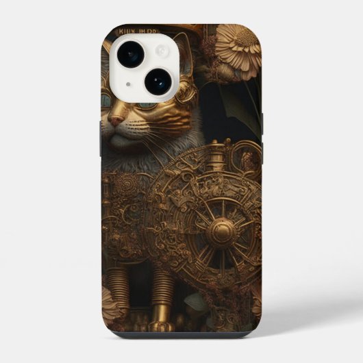 Coque Pour iPhone 14 Chat doré gothique Steampunk (Verso)