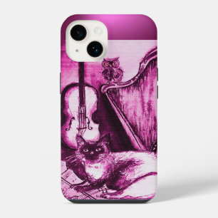 COQUE POUR iPhone 14 CHAT MUSICAL AVEC HIBOU EN ROSE GEMME VIOLETTE