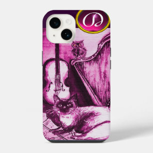 COQUE POUR iPhone 14 CHAT MUSICAL AVEC HIBOU EN ROSE VIOLET GEMME MONOG