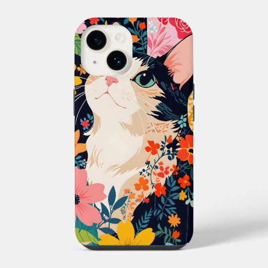Coque Pour iPhone 14 Chat Patchwork Floral (Verso)