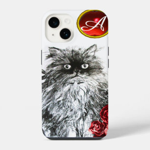COQUE POUR iPhone 14 CHATON, CHATON AVEC MONOGRAMME DE GEMME AUX ROSES