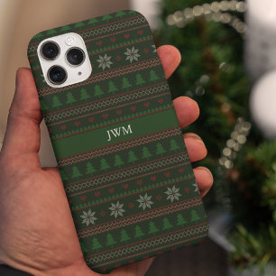 Coque Pour iPhone 14 Chemise de Noël laide vintage Monogramme vert