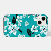 COQUE POUR iPhone 14 CHERRY BLOSSOM - SAKURA (TURQUOISE) (Verso Horizontal)