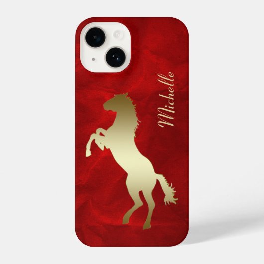 Coque Pour iPhone 14 Cheval d'or d'élevage Silhouette rouge (Verso)