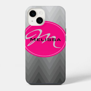 Coque Pour iPhone 14 Chevron Grey ombre motif rose Nom du monogramme