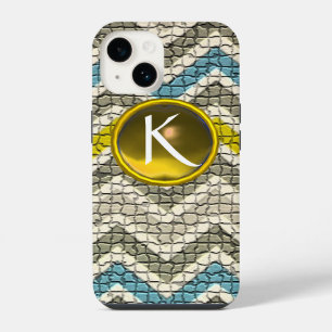 COQUE POUR iPhone 14 CHEVRONS MOSAÏQUE BLEU GRIS JAUNE BLANC MONOGRAMME