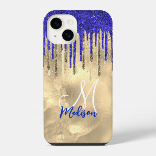 Coque Pour iPhone 14 Chic bleu royal paillettes dorées gouttes monogram