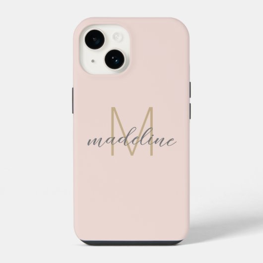 Coque Pour iPhone 14 Chic Blush Pink Gold Monogramme Nom initial Script (Verso)