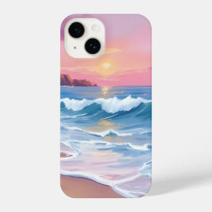 Coque Pour iPhone 14 Cieux pastel rose   Vagues de plage aquarelle océa