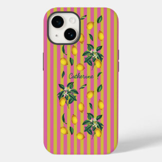 Coque Pour iPhone 14 Citrons Méditerranéens Nom Bandes Roses Jaunes