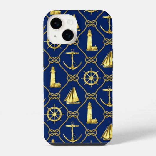 Coque Pour iPhone 14 Classique Naution Or Bleu (Verso)