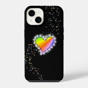Coque Pour iPhone 14 Cœur arc-en-ciel avec étoiles sur fond noir