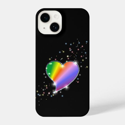 Coque Pour iPhone 14 Coeur arc-en-ciel avec étoiles sur noir (Verso)