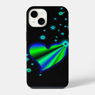 Coque Pour iPhone 14 Cœur arc-en-ciel bleu vert avec étoiles sur fond n