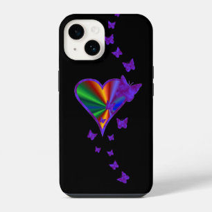 Coque Pour iPhone 14 Cœur arc-en-ciel et papillon