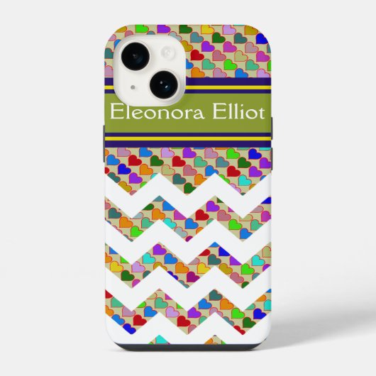 Coque Pour iPhone 14 Cœurs de couleur monogrammés & chevron (Verso)