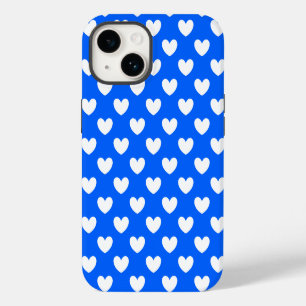 Coque Pour iPhone 14 Coeurs polka blancs sur bleu