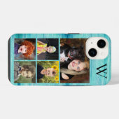 Coque Pour iPhone 14 Collage photo initial en bois bleu (Verso Horizontal)