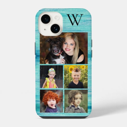 Coque Pour iPhone 14 Collage photo initial en bois bleu (Verso)