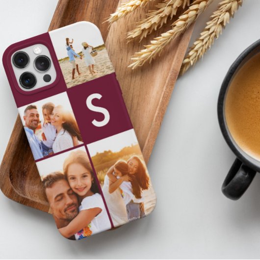 Coque Pour iPhone 14 Collage photo moderne monogramme initial burgundy