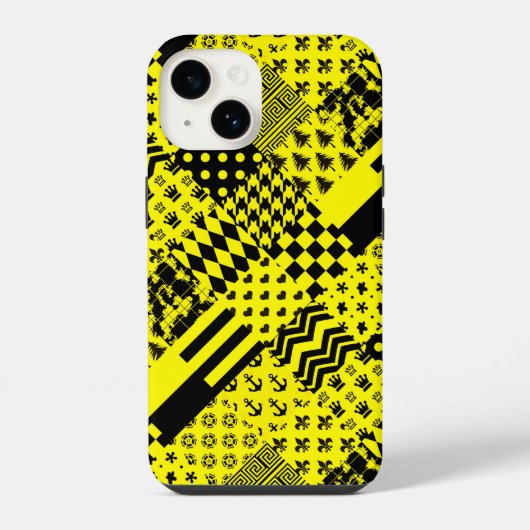 Coque Pour iPhone 14 Conception de patchwork de motifs mixtes jaune noi (Verso)
