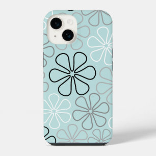 Coque Pour iPhone 14 Contours de grande fleur abstraite BWG + bleu d'oe