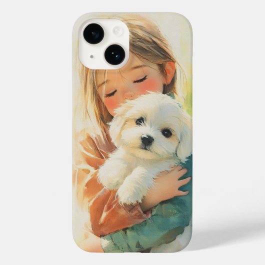 Coque Pour iPhone 14 Coque iphone d'aquarelle douce fille et chiot (Verso)