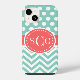 Coque Pour iPhone 14 Corail et Aqua Pois Chevron Monogramme