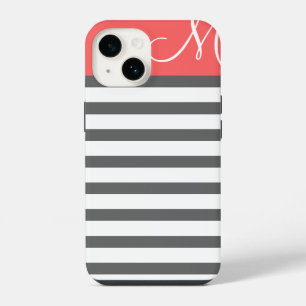 Coque Pour iPhone 14 Corail et Charbon Rayures Prépa Monogramme Personn