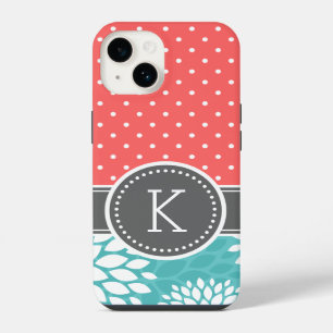 Coque Pour iPhone 14 Corail et turquoise monogramme pois floral