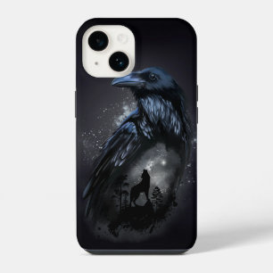 Coque Pour iPhone 14 Corbeau et loup qui hurle à la lune