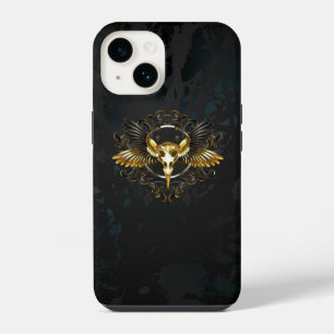 Coque Pour iPhone 14 Crâne d'oiseau doré sur fond noir