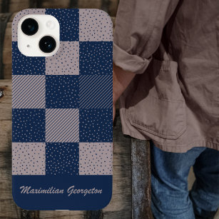 Coque iPhone 15 Pro Crazy Buffalo Check in Taupe Brown et Navy Blue