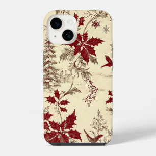 Coque Pour iPhone 14 Crème Antique Bourgogne Hiver Oiseaux Floral de Ho