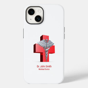 Coque Pour iPhone 14 Croix caducée 3D médicale argentée rouge