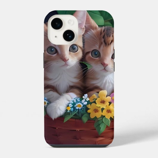 Coque Pour iPhone 14 Cuisinement Cute Kittens dans un panier à fleurs (Verso)