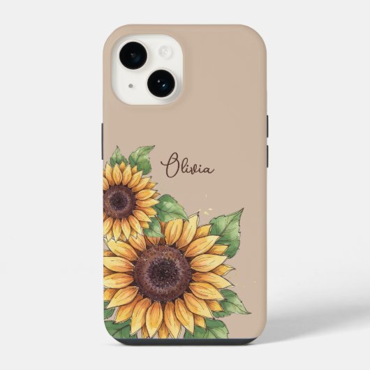 Coque Pour iPhone 14 Custom Name Watercolor Sunflower Rustic (Verso)
