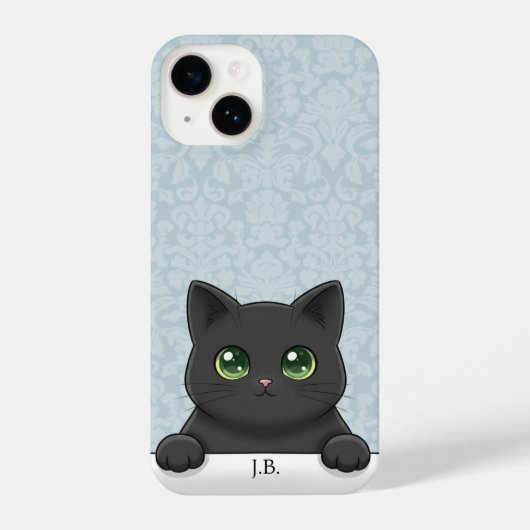 Coque Pour iPhone 14 Cute Black Cat Peeking Kawaii Cartoon Blue Damask (Verso)