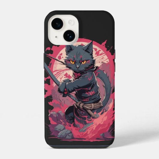 Coque Pour iPhone 14 Cute Fire Splash Noir Ninja Chat Guerrier (Verso)