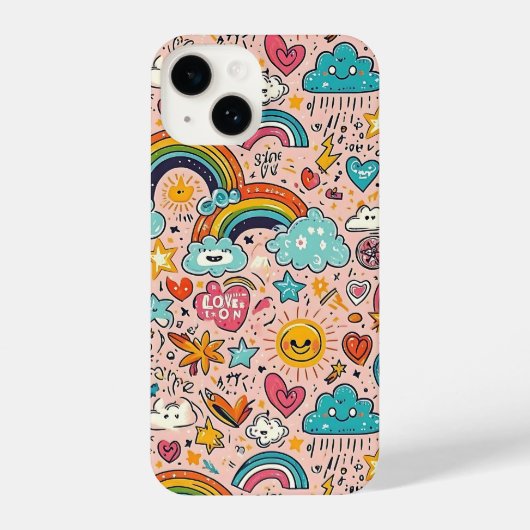 Coque Pour iPhone 14 Cute Rainbow Doodle Pattern (Verso)
