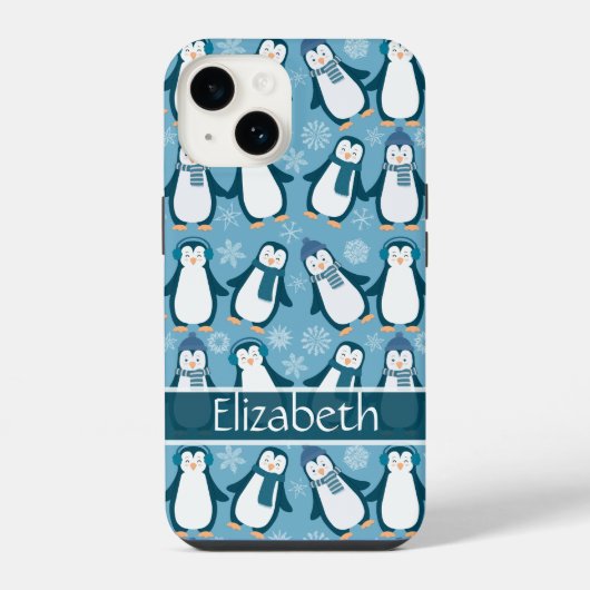 Coque Pour iPhone 14 Cute Winter Penguins Design Ajouter un nom (Verso)