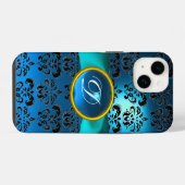 Coque Pour iPhone 14 DAMASK GIRLY MONOGRAM ruban bleu (Verso Horizontal)