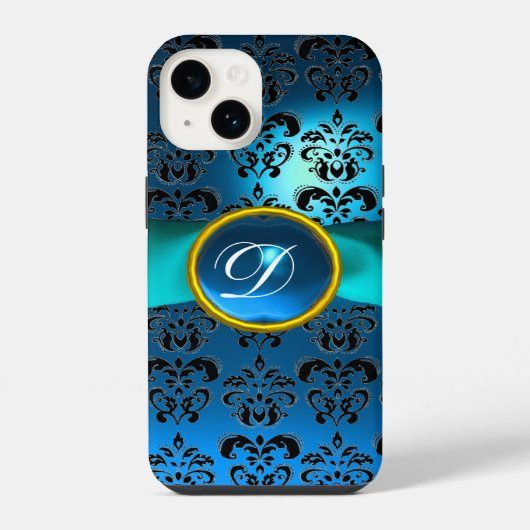 Coque Pour iPhone 14 DAMASK GIRLY MONOGRAM ruban bleu (Verso)